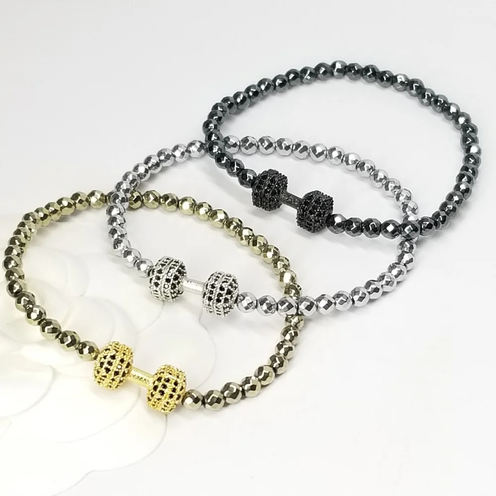 @mrsmarsden 4pc x Dumbbell Pave CZ Hematite Stretch Bracelet NEW - Picture 2 of 6